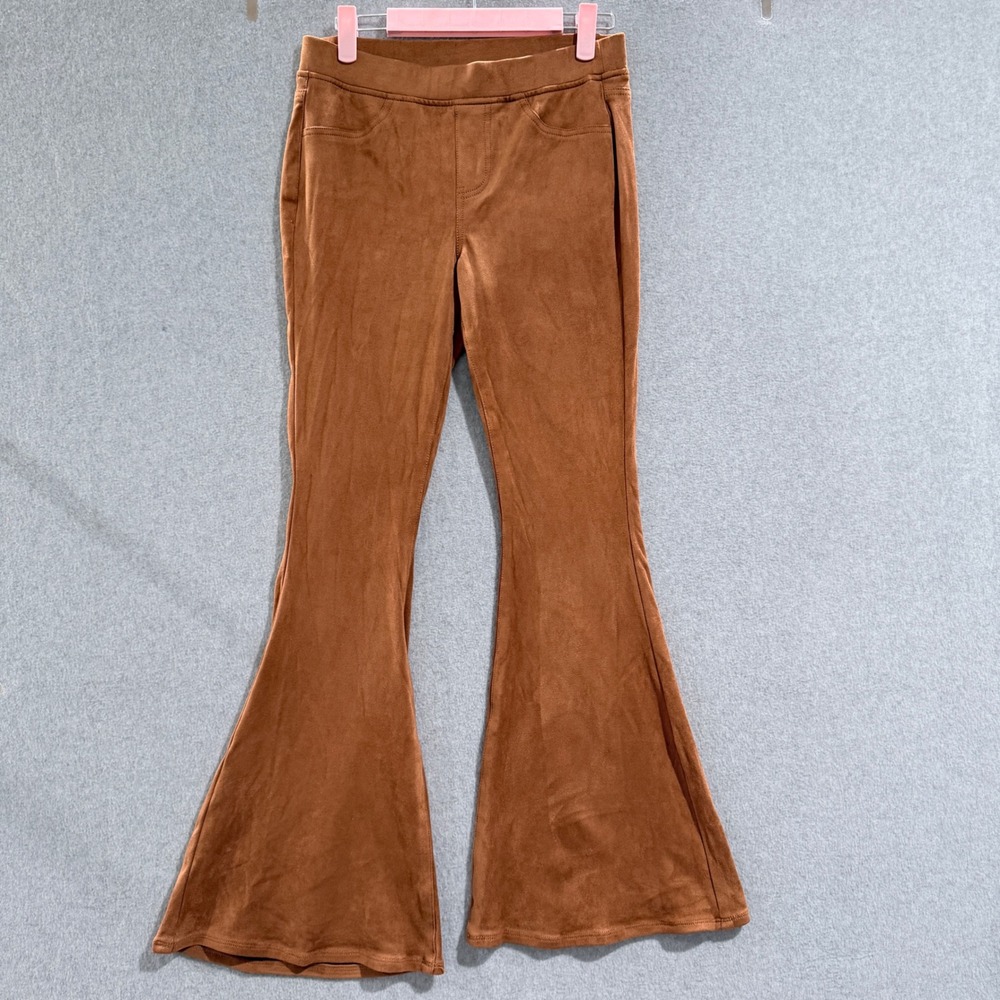 Boho Womens Faux Suede Flare Pants Cognac Brown Bell Bottom Stretch M western